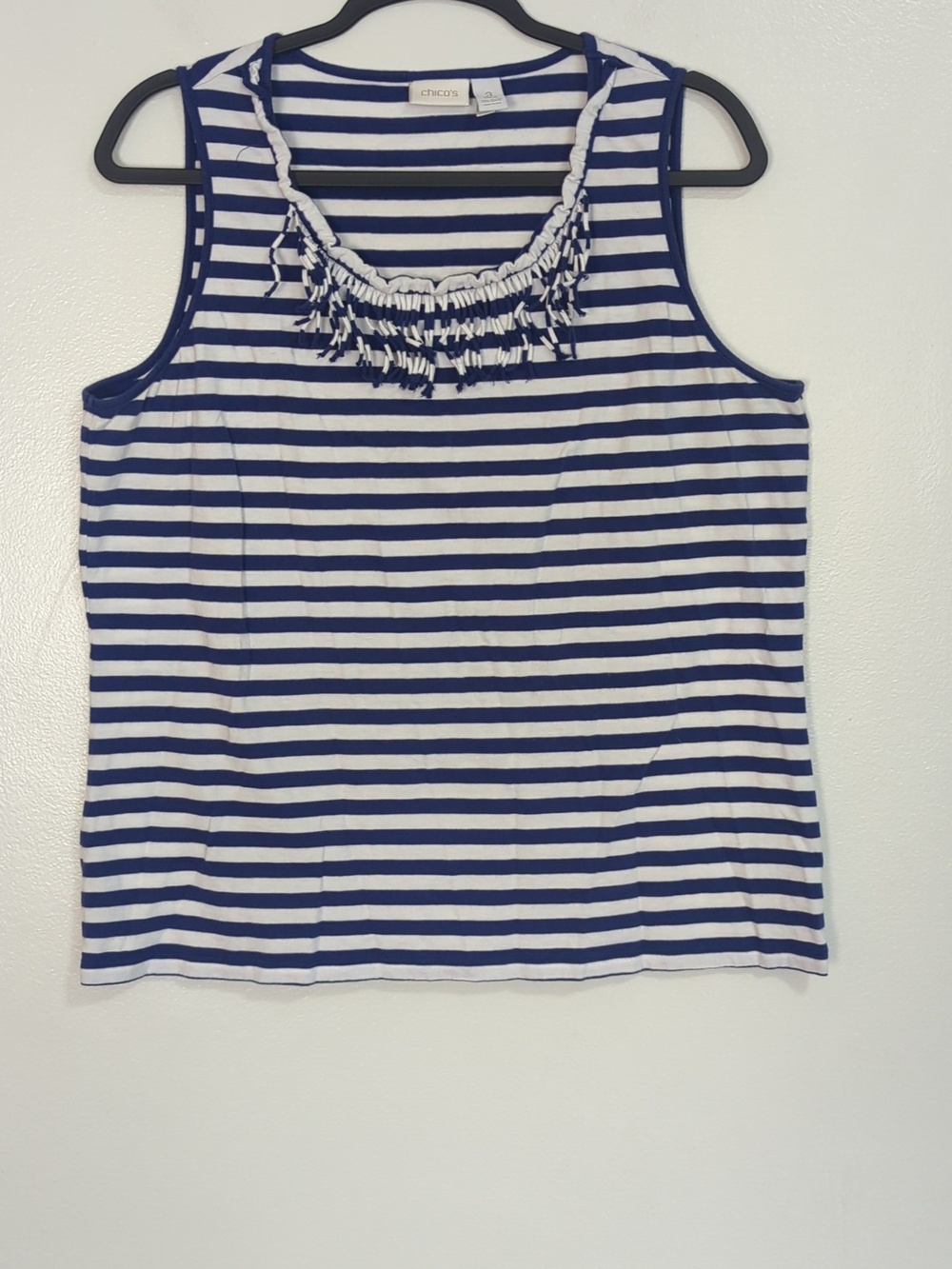 Chico's Modal‎ Blend Blue White Stripe Fringe Ruffle Neck Sleeveless Tank Top 3